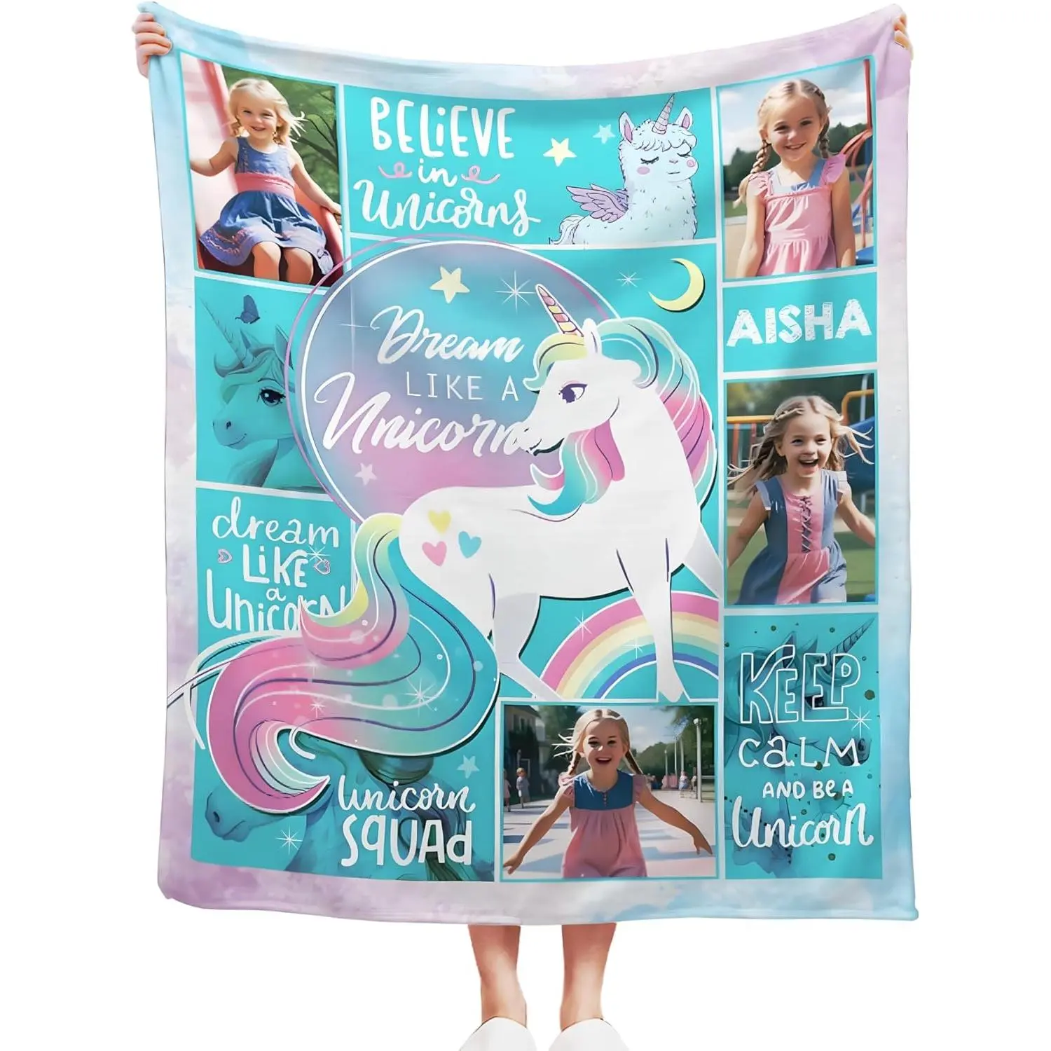 Custom Photo & Name Personalized Throw Blanket, Customized Flannel Keepsake Blanket for Family, Soft Cozy Decorative Couch Blanket