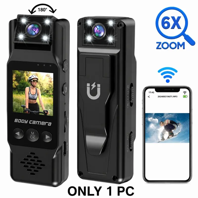 Action Camera HD Portable WiFi Sports Camera with 1.3" LCD Display, 180 Rotating Lens, Night Vision Video Recording Body Cam, Magnetic Back Clip for Cycling Outdoor Vlog