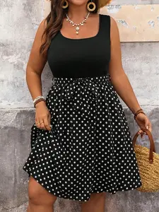 Plus Size Women's Patchwork Polka Dot Tie Front Sleeveless Summer Dress, Casual Boho Soft, Perfect for Vacation and Daily Wear, Stylish and Comfortable, Boho Flowy Dress