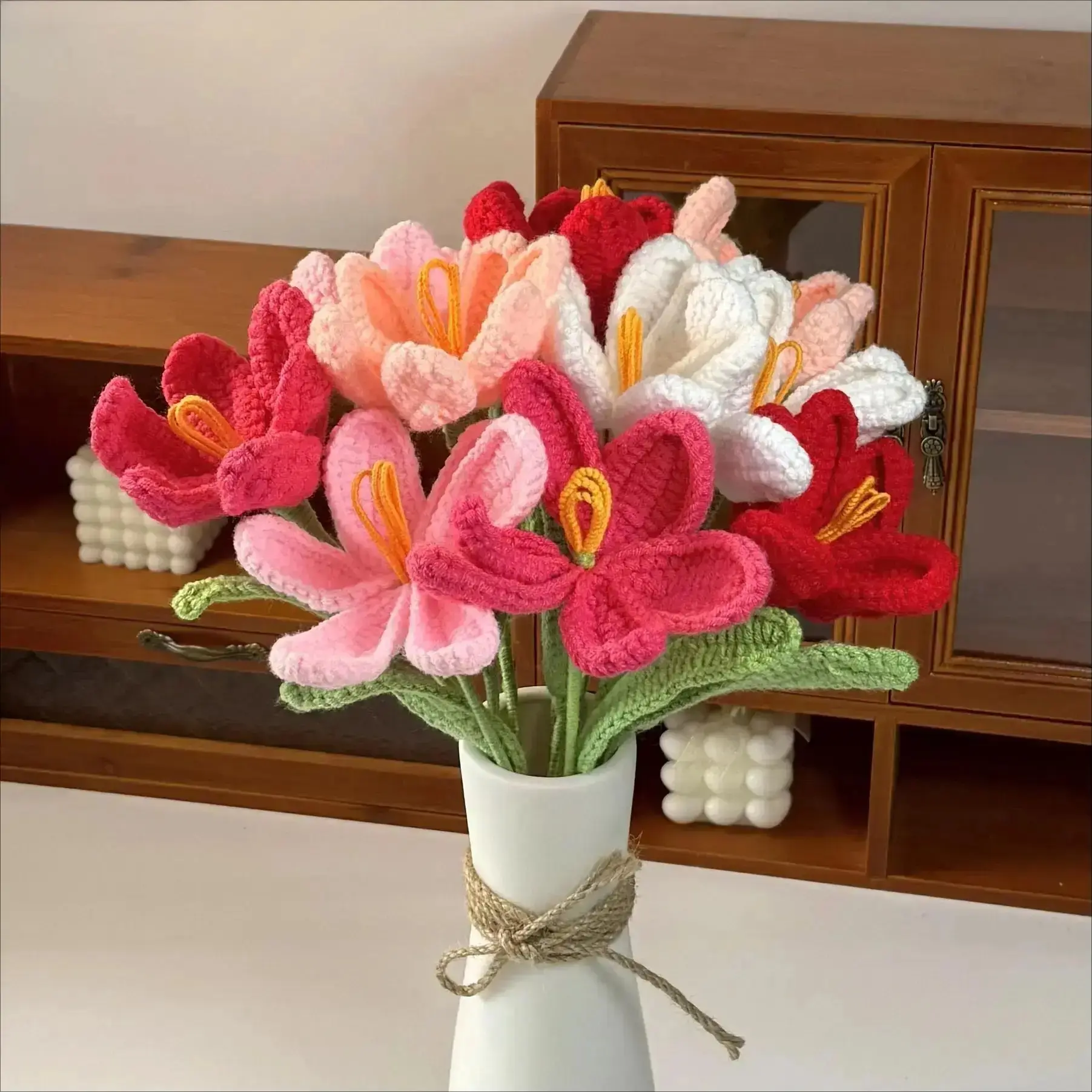 Handmade Crochet Lily Flower Bouquet - Decorative Knitted Yarn Floral Arrangement, Forever Artificial Decor for Bedroom, Desk, Women's Mother's Day/Birthday Gift (Bag Charm Accessory)