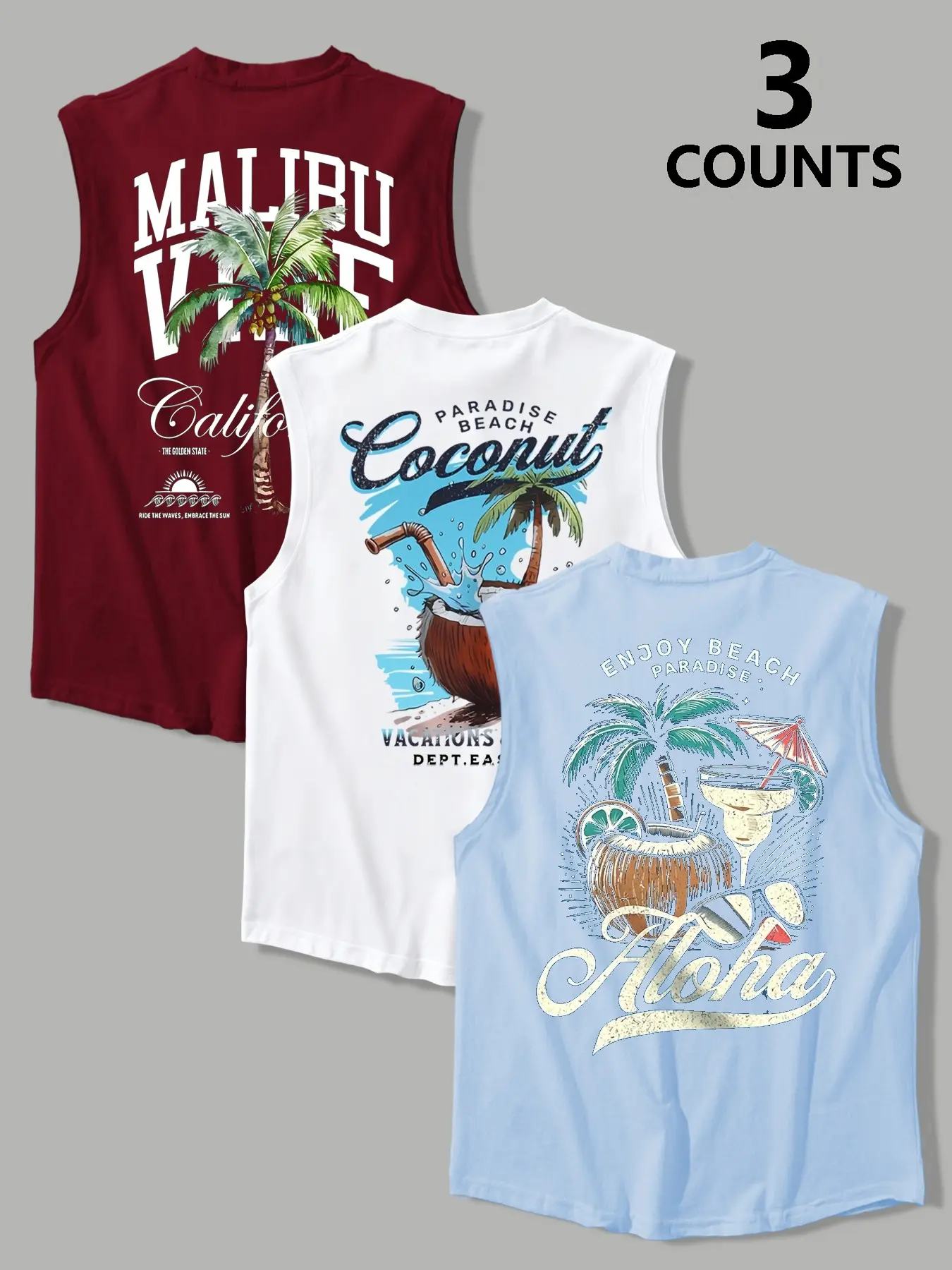 Men's 3-Pack Loose Round Neck Sleeveless Sports Tank Tops, Breathable Lightweight, Vintage Palm Tree Print, Beach & Surf Wear Vests
