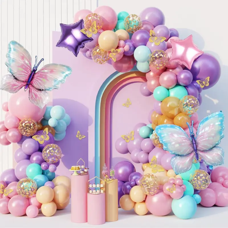 Butterfly Pink and Purple Balloon Garland Arch Set, Balloon Arch Kits, Birthday Confetti Star Balloons, for Girls, Bridal Wedding Party, Birthday Party Decorations