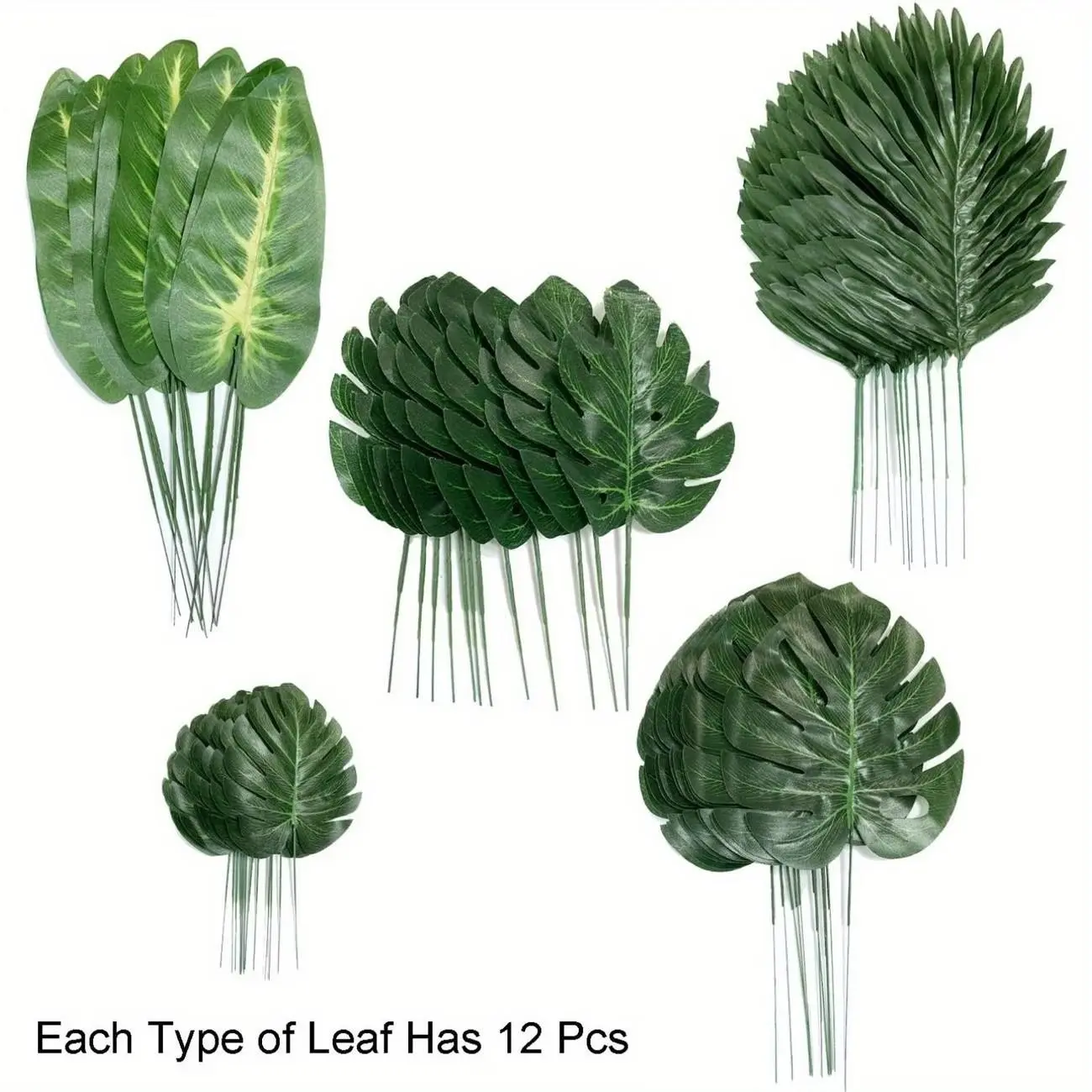 New 60pcs 5-color mixed artificial palm leaves, Tropical‑Style Jungle Palm Leaves, green fake palm leaves with stems, Artificial palm plants, suitable for Hawaiian party jungle beach table decoration, Halloween and Christmas Home Garden