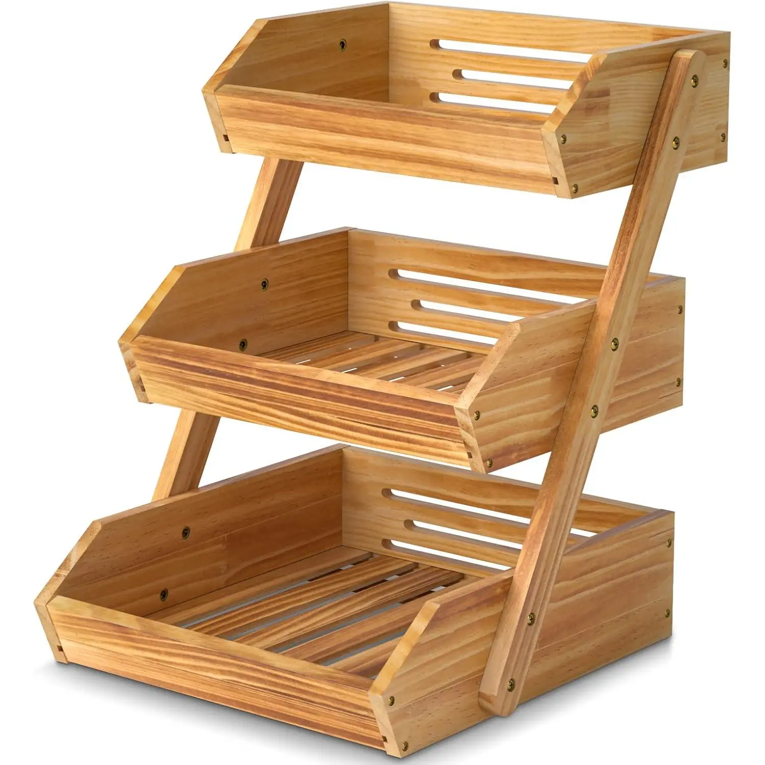 Merysen 3-Tier Wooden Fruit Basket For Kitchen Countertop, Bread Vegetable Basket Bowl Stand, Large