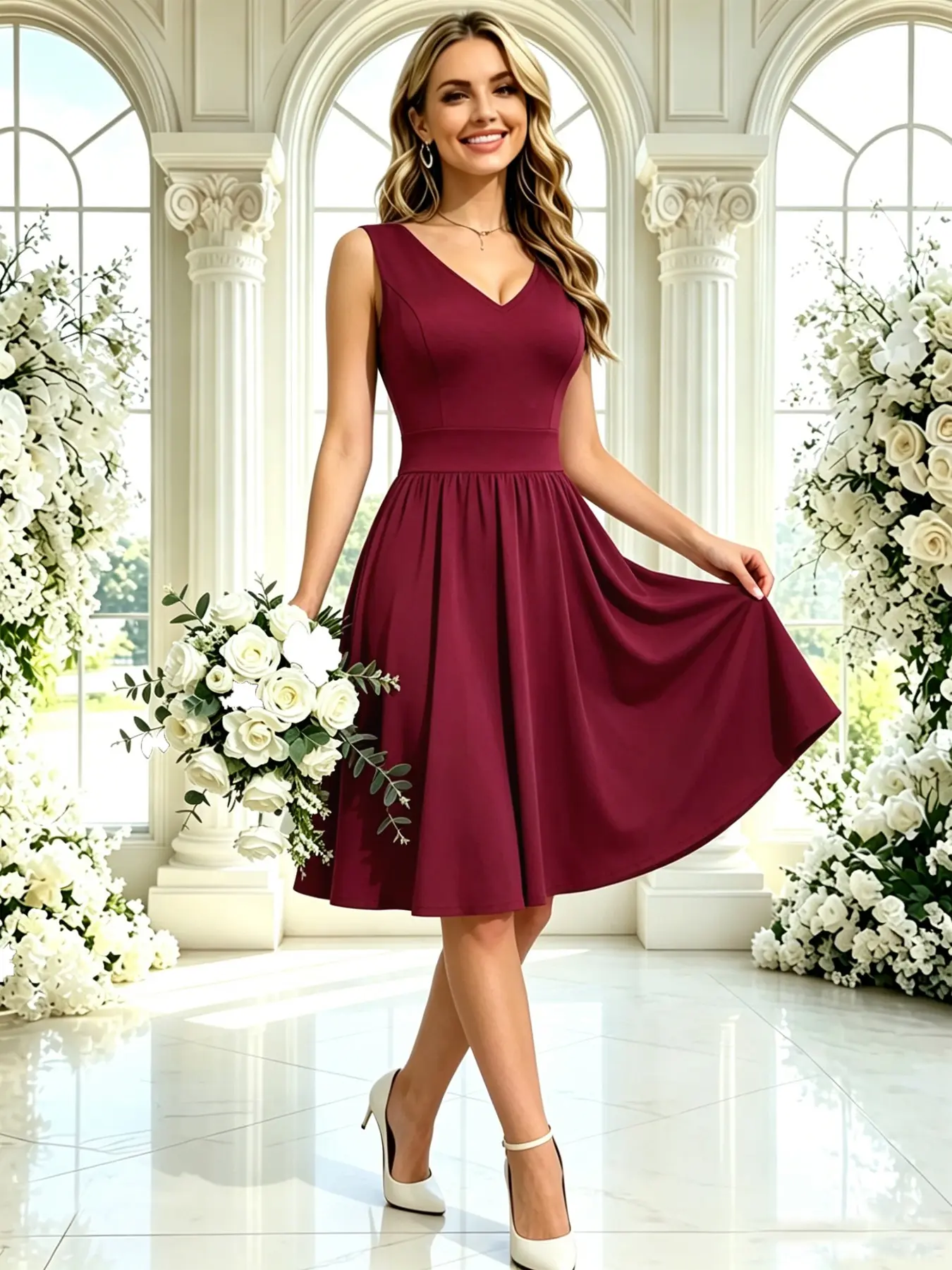 Elegant Women's V-Neck Dress, Knee-Length Sleeveless Backless Party Dress, Casual Office Wear, New Arrival with Pockets