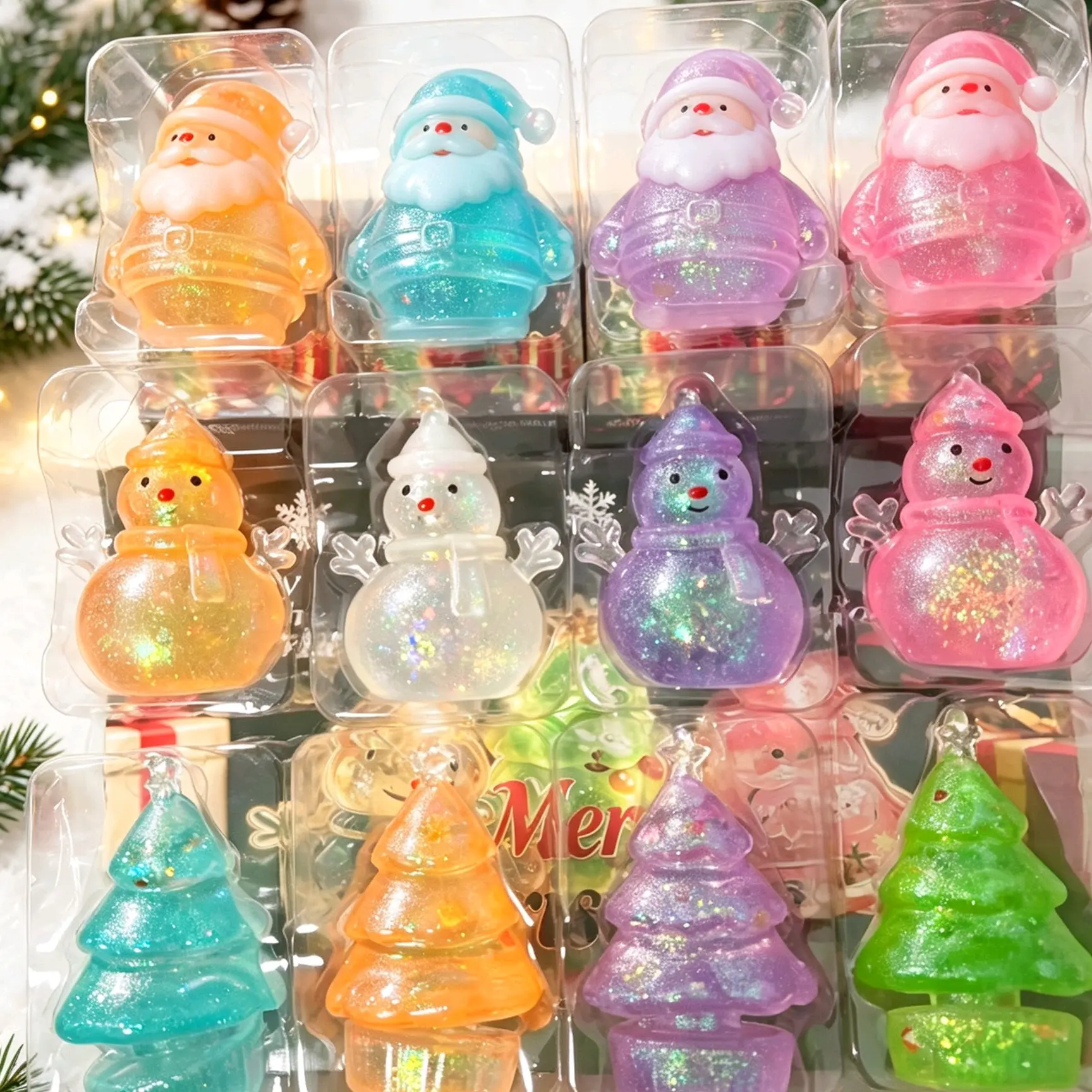 Christmas Theme Stress Relief Toys, Santa Claus, Snowman, Christmas Tree, Bling Glitter, Soft Texture, Perfect Gift, Desk Decor, Kids Toy