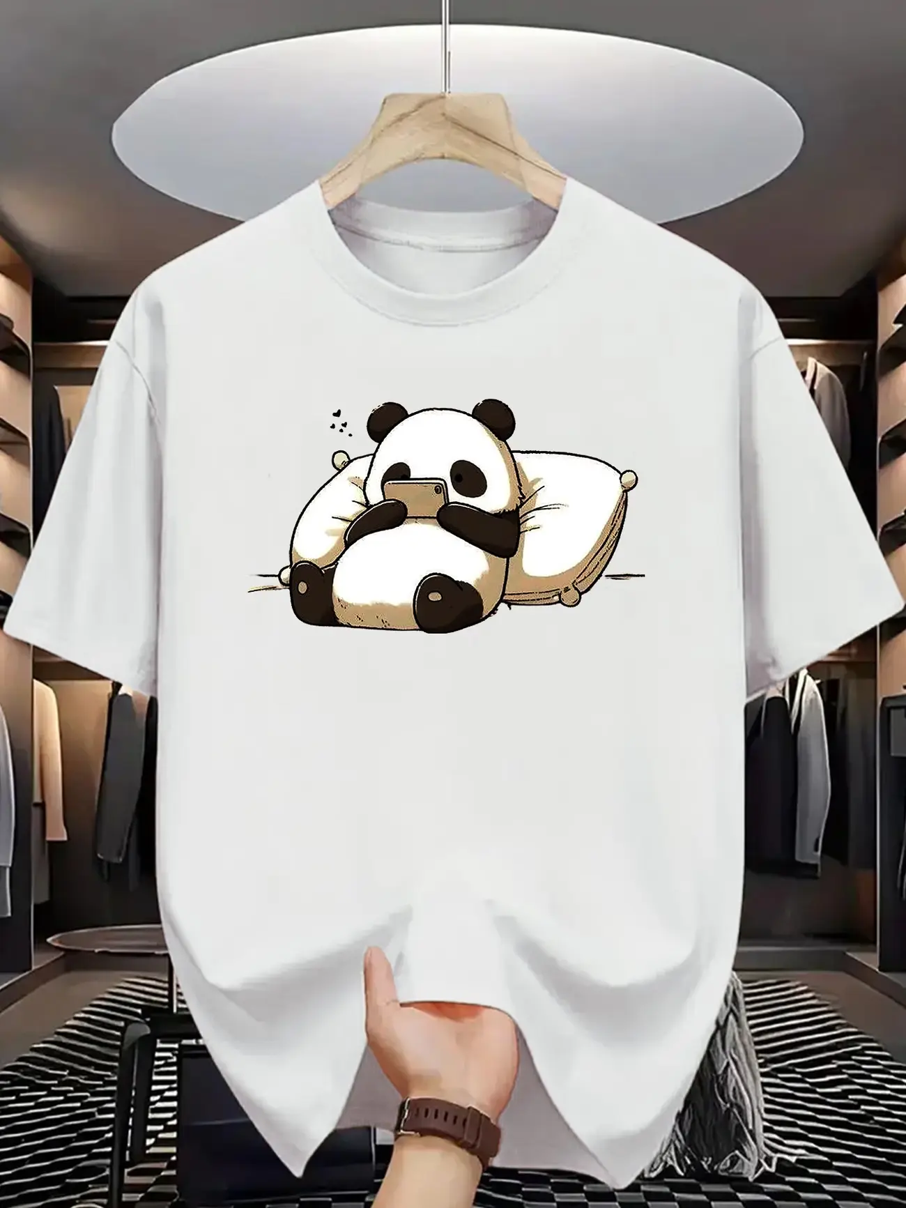 Cute Lazy Panda On Phone Graphic Oversized Cotton T-Shirt, Fashion Comfort Outfit,SummerVibes, Kawaii Gift, Perfect Valentine Holiday Present For Family Lover Friends