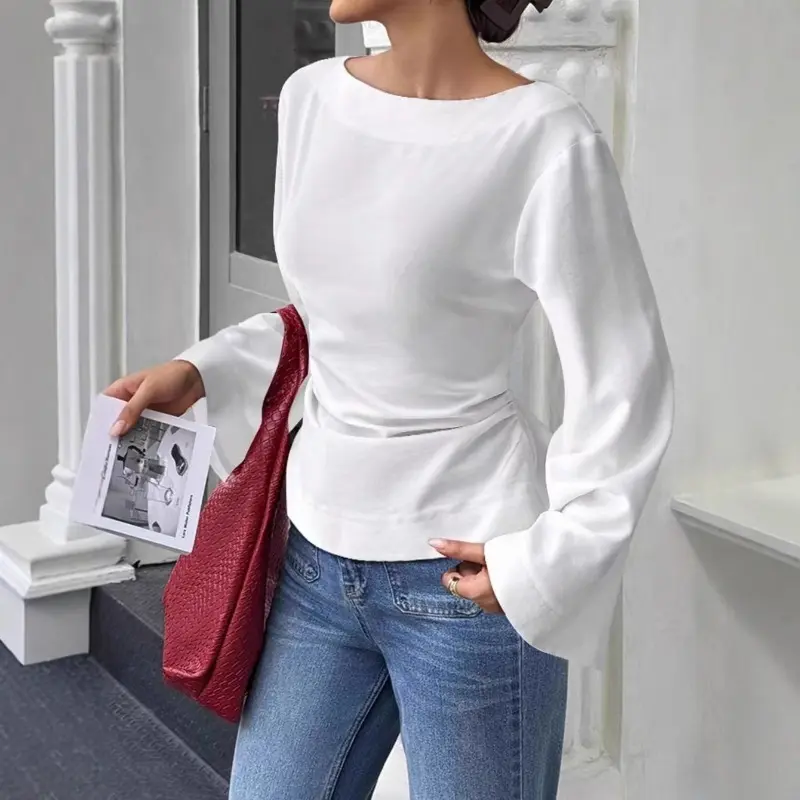 Women's 2026 Plain Polyester Boat Neck Flare Long Sleeve T-Shirt - Slim Waist Fashion Casual Streetwear Versatile Top for European-American Women (Cold Wash Recommended)