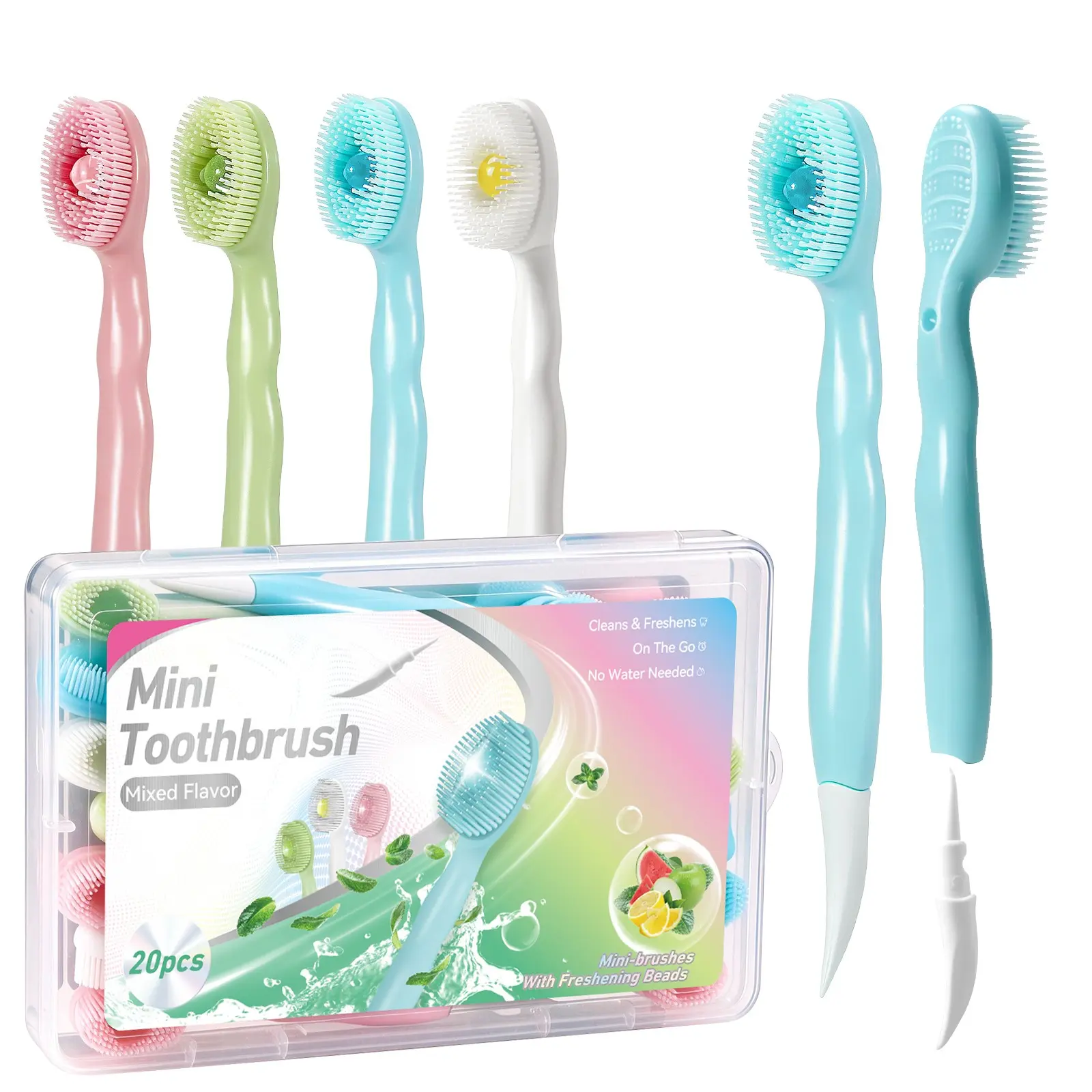 【Black Friday】20pcs Disposable Mini Toothbrushes with Built-In Toothpaste Beads, Compact & Waterless Ready-to-Use, 4-in-1 Design: Brush Head, Freshening Beads, Tongue Scraper & Toothpick, Freshens Breath for Travel, Camping & On-the-Go Oral Care