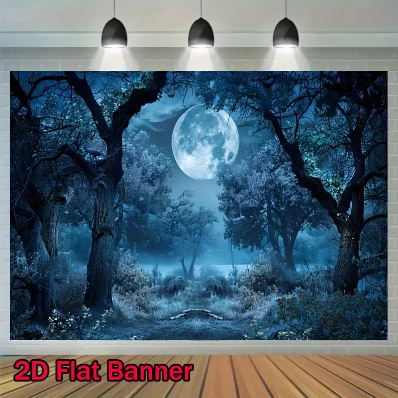 Enchanted Forest Night Sky & Moon Tree Wall Tapestry - Deep Blue-Dark Green Whimsical Backdrop with Twinkling Stars, Wrinkle Resistant, Hand-Stitched Edges, Indoor-Outdoor Home Supplies - Wall Decor for Mother's Day Parties
