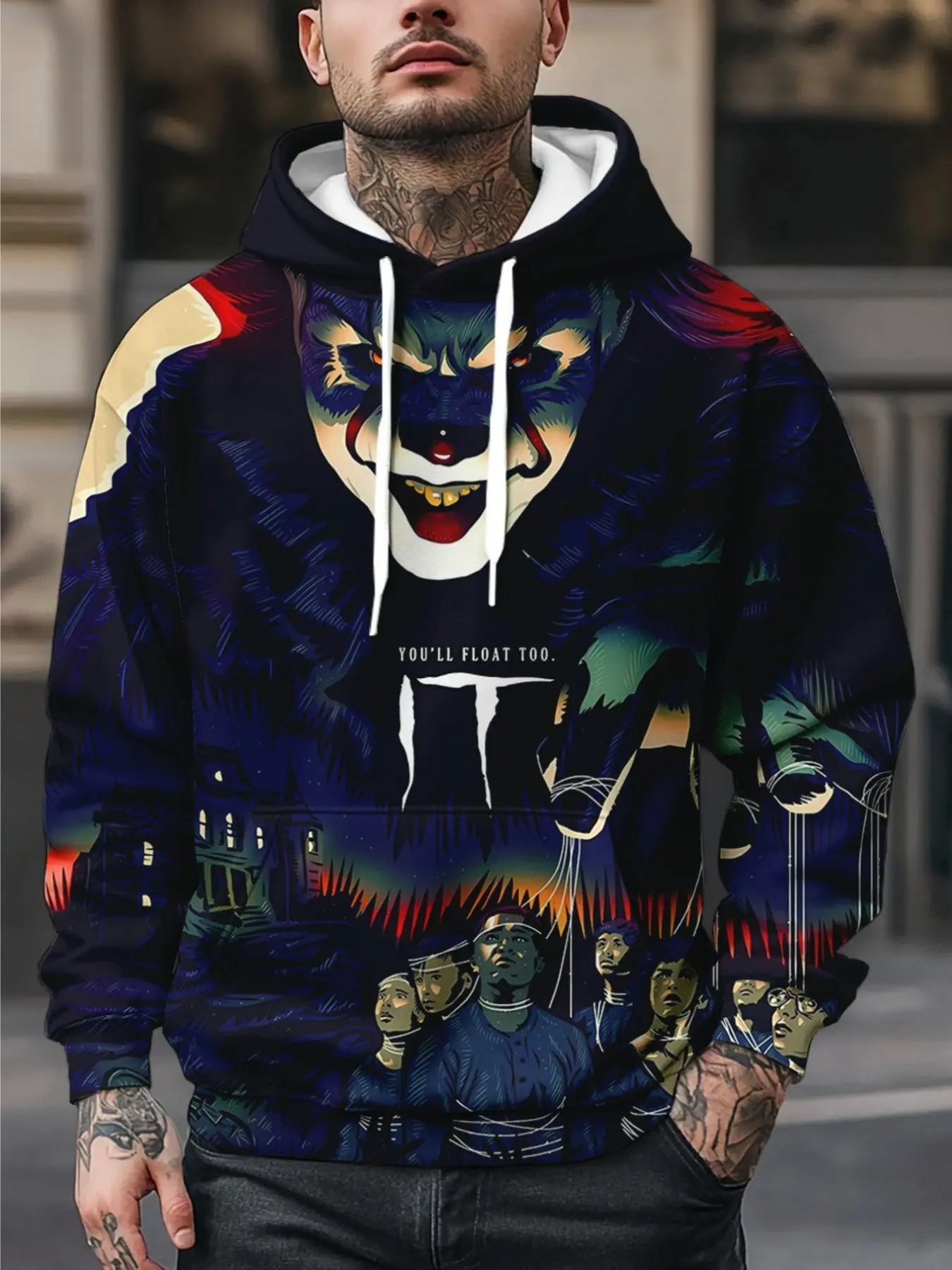 Men's Innovative Hoodie, New Warner Collaboration, 3D Clown Print, Casual Sports, Comfortable Daily Wear, Fitted Style, Unlined