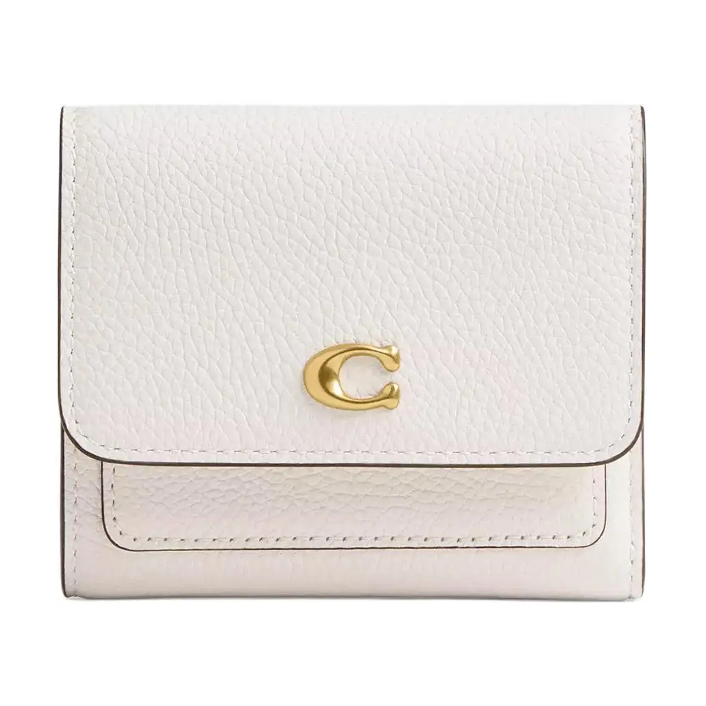 COACH Classic Logo Leather Wallet for Women, Brass-Tone Accented Beige