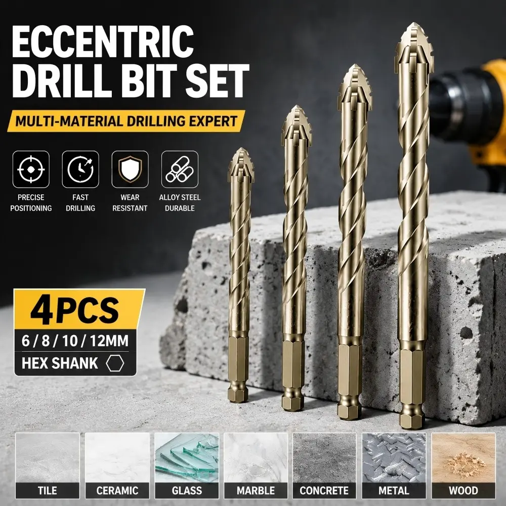 4PCS Tile Drill Bit Set, Anti-Walking Precision Ceramic Drill Bits with Hex Shank, Carbide Hole Cutter for Concrete, Marble, Glass & Brick, Power Drill Bits