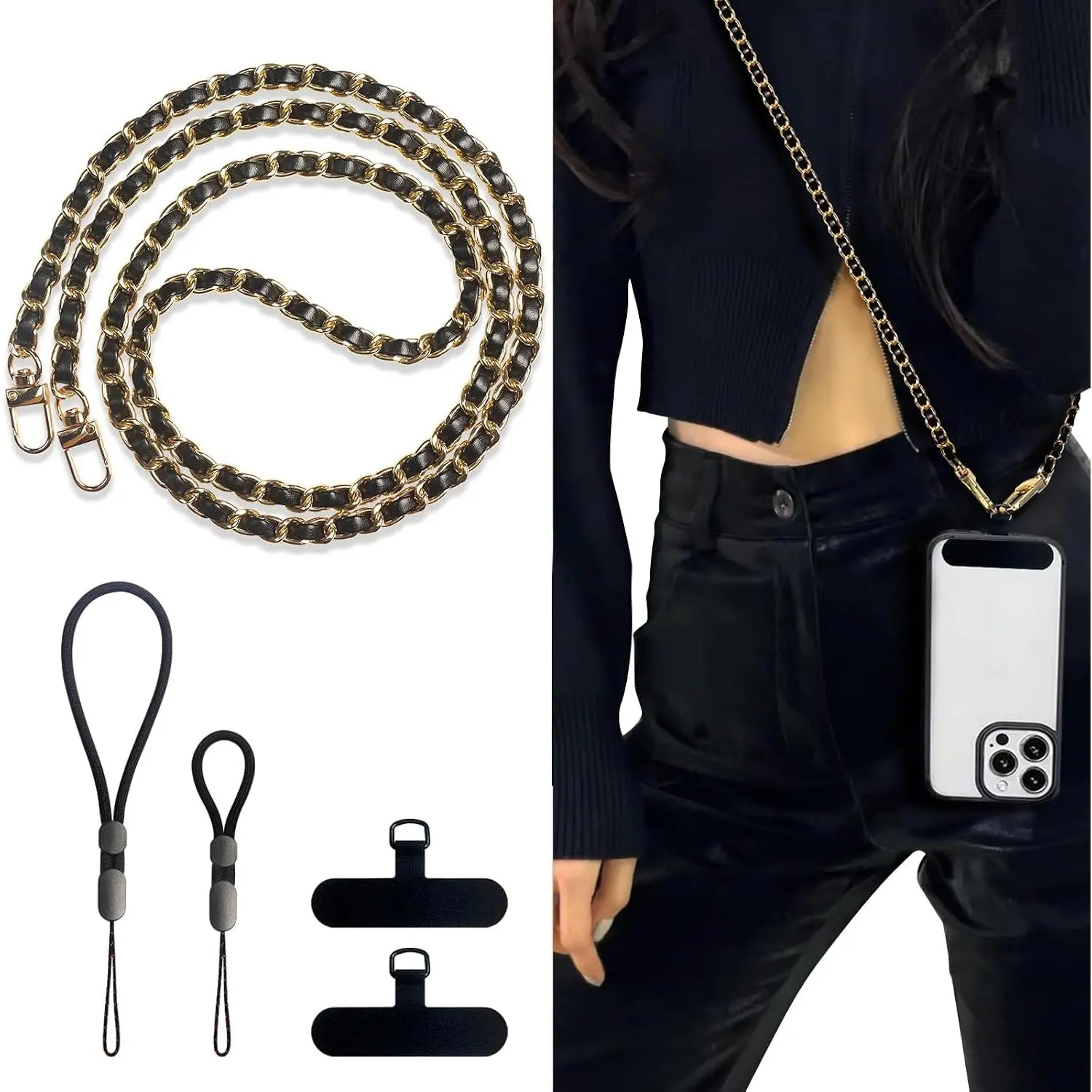 Crossbody Patch Phone Lanyards - 2 Pads, 1 Leather Phone Strap, 1 Adjustable Finger Strap - Compatible with  Smartphones (48in)