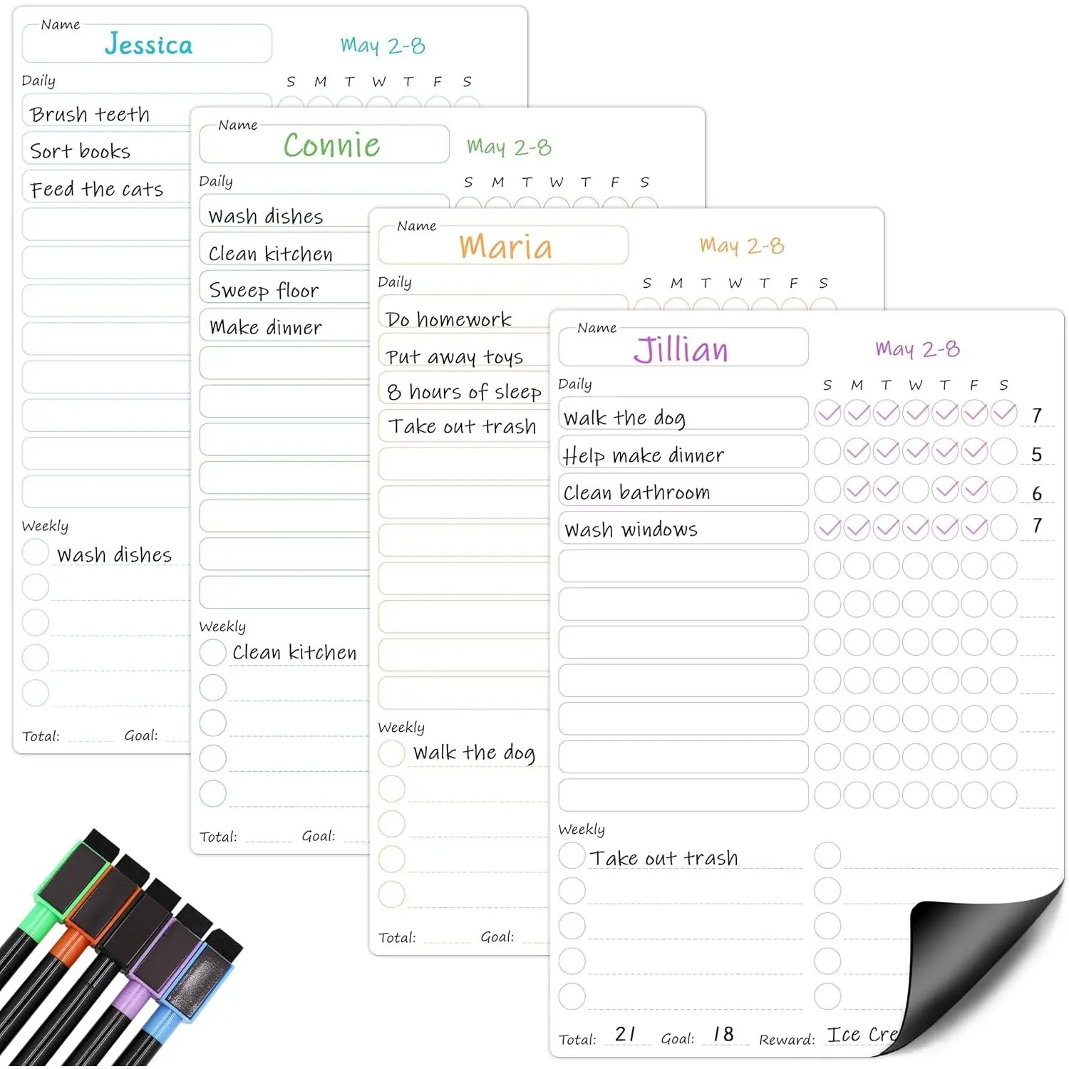 Chore Chart for  Multiple , 4 count Dry Erase Chore Chart for Adult Teenagers Family  Daily/Weekly Behavior Chore List Responsibility  Chore Board for Refrigerator
