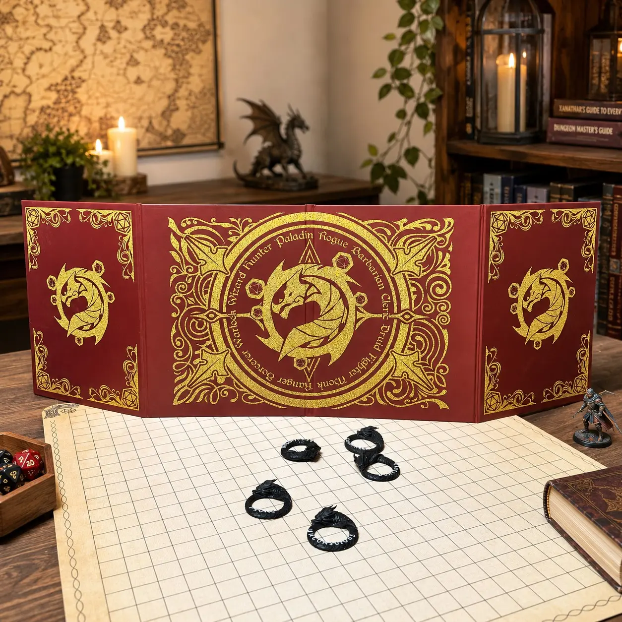 D&d Tabletop Game Master Screen, Gold Career Array Pattern, 33x99cm, Holds A4 Rulebook, Replaceable Inner Pages