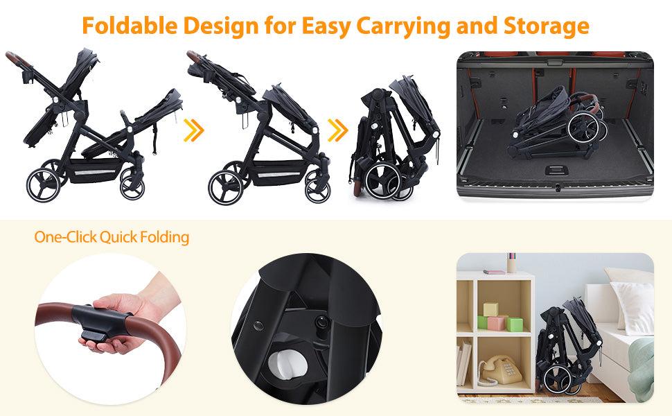 GARVEE Double Stroller Track Tandem for Infant and Toddler with Foldable, Reversible Design, Adjustable Backrest, Durable Aluminum Frame, 300D Fabric, Large Storage Basket, and Canopy in Light Gray