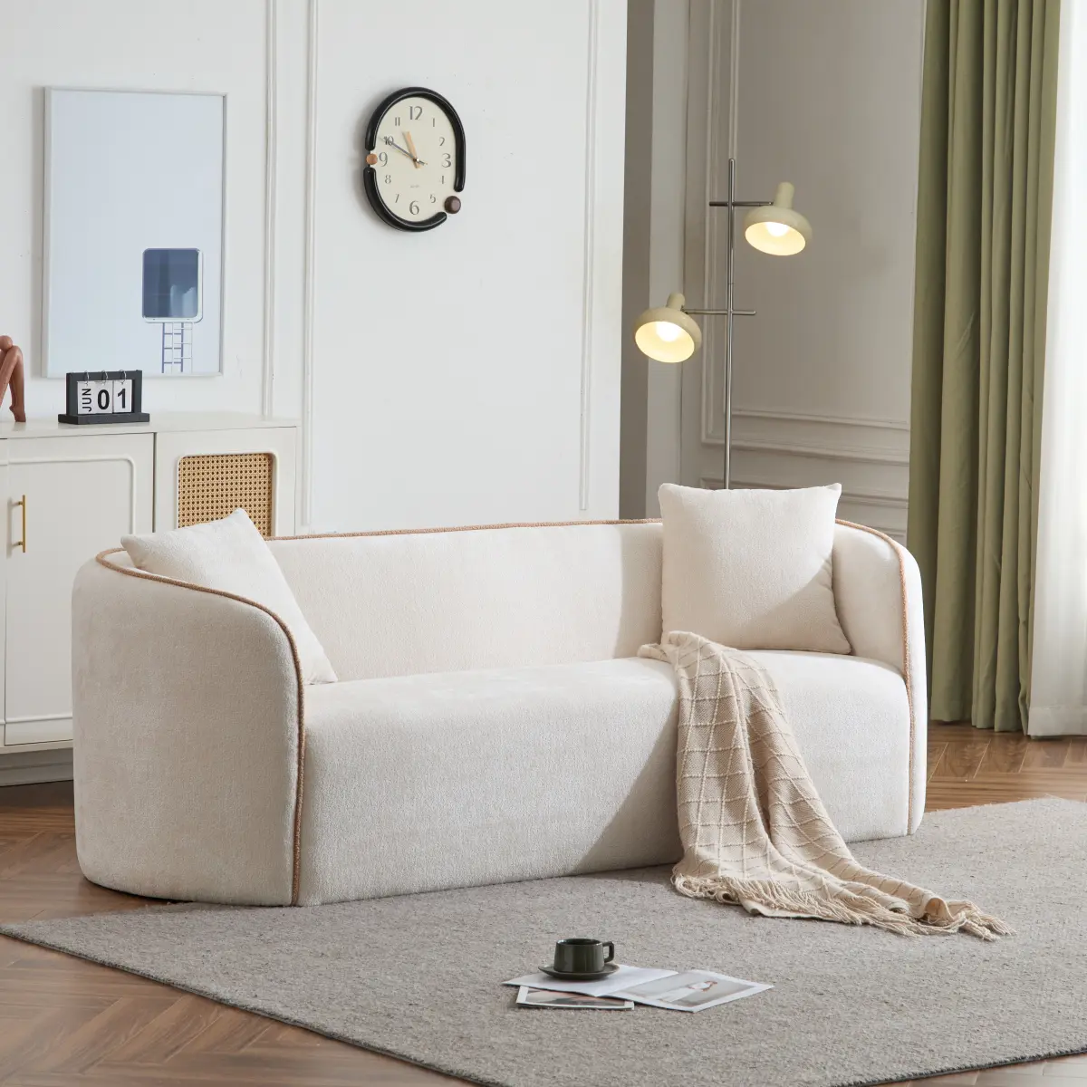 82" Long Beige Curved Boucle Sofa - 3-Seater Sponge Comfy Couch with Vibrant Trim, Rounded Arms, Curved Look, Collapse-Resistant for Living Rooms, Entertaining Spaces
