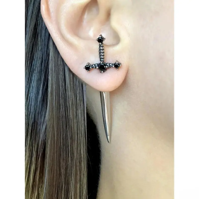 Women's Gothic Cross & Sword Dangle Earrings, Zinc Alloy Punk Studs with Artificial Crystals, Vintage Costume Jewelry for Special Occasions & Daily Outfits, Stylish Gift (DIY Bag Accessory)