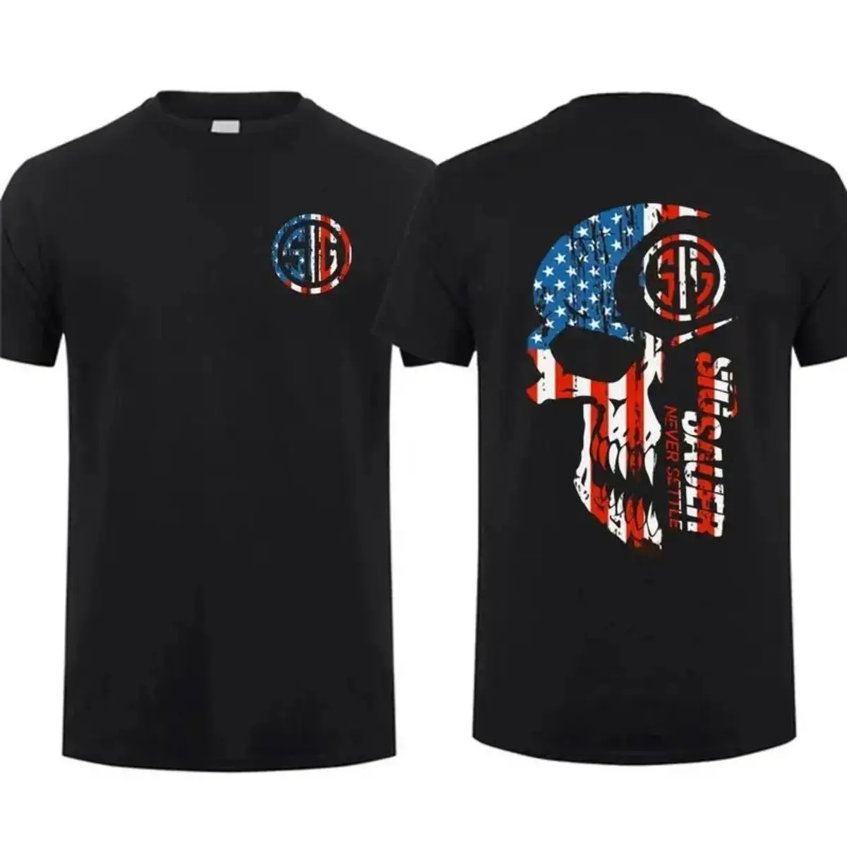 Men's 2-Sided American Flag Graphic Print Short Sleeve Top, Unisex 100% Cotton Fitted T-Shirt, Tactical Gear for Gun Enthusiasts, Machine Washable Short Sleeve Tops, Standard Sizes