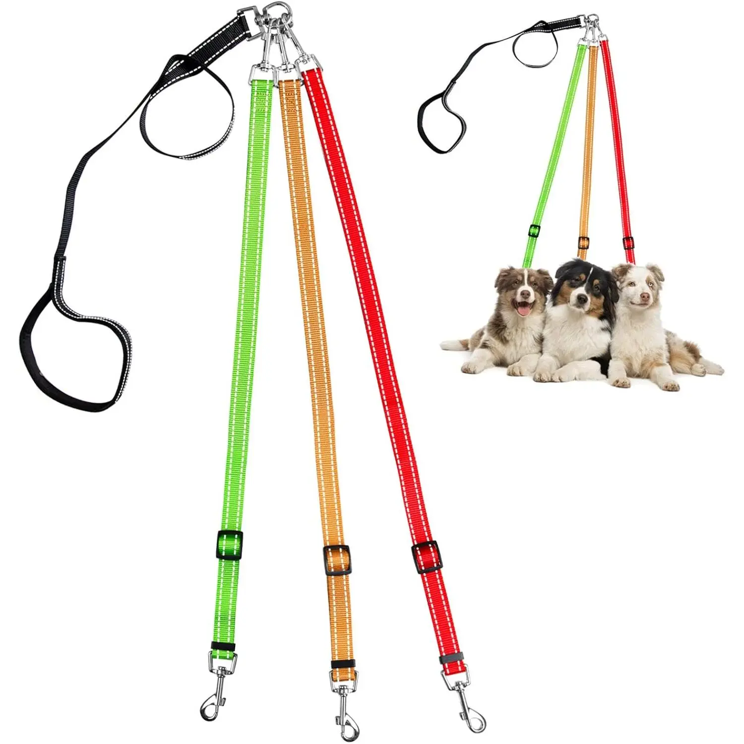 3 Way Dog Leash Detachable Reflective Coupler Tangle Free 3 in 1 Multiple Double Dog Leash Lease with Soft Padded Handle for 3 2 1 Dual Dog Pet Puppy Walking Training Outdoor (Muticolor)