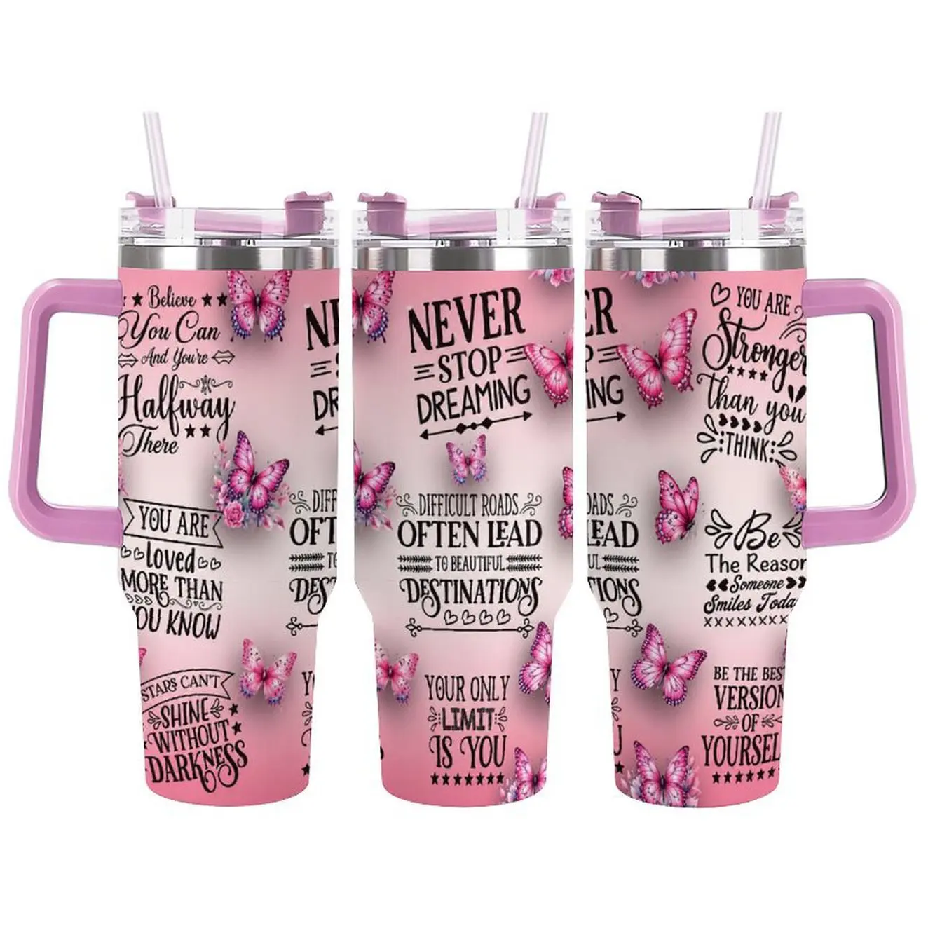 Never Stop Dreaming Butterfly Tumbler – Inspirational Pink Quote Cup for Women, A Daily Reminder to Stay Strong, Believe in Yourself and Keep Growing, Perfect Gift for Daughter, Best Friend or Yourself