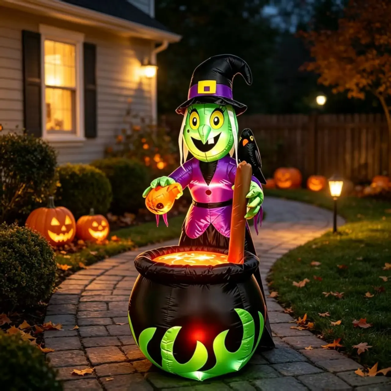 1.8 Meter Halloween Inflatable Witch Crow Cauldron, Outdoor Horror Witch Potion Making Inflatable Decoration, Halloween Garden Magic Witch Inflatable Atmosphere Ornament