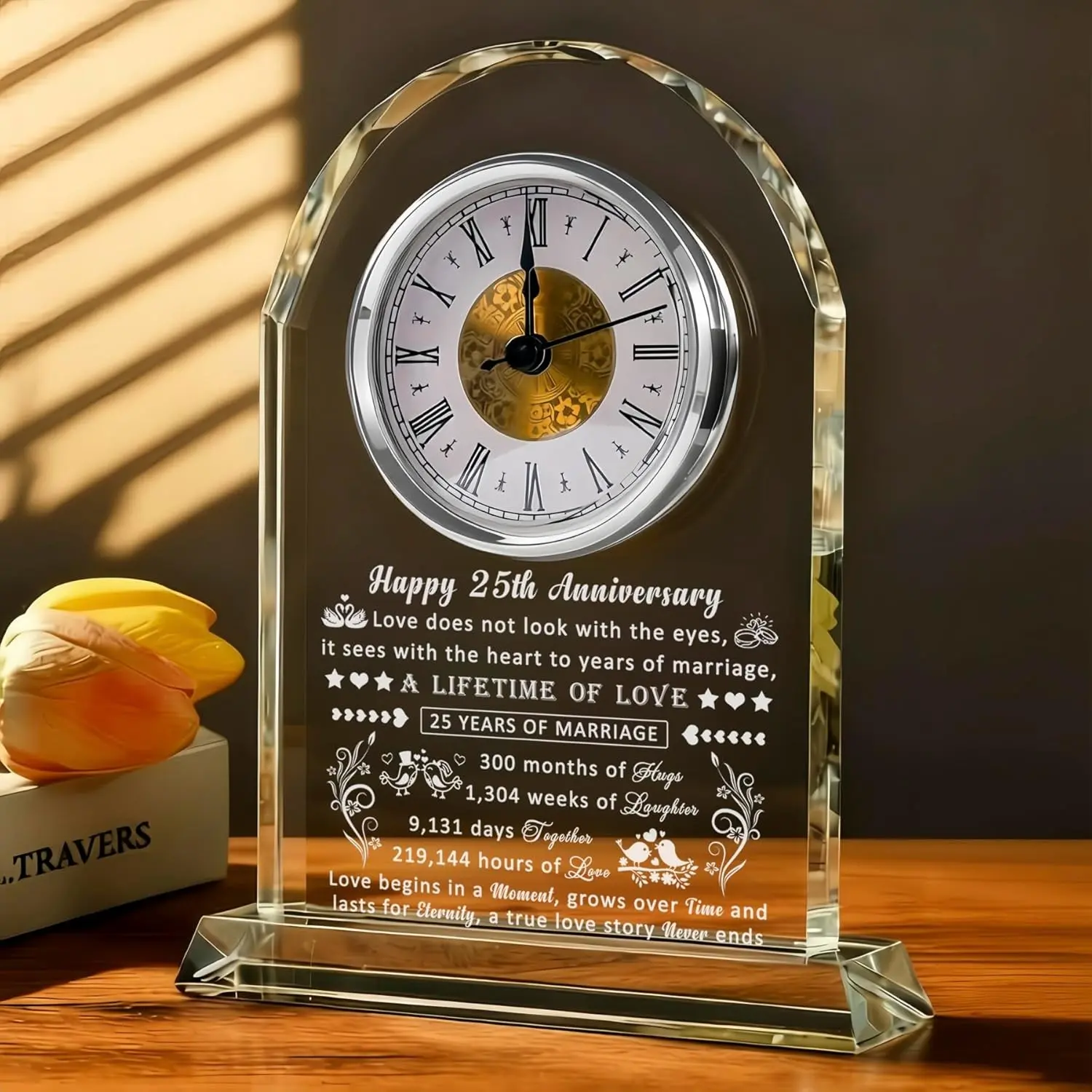 25th Wedding Anniversary Glass Quartz Clock Gifts for Women Men, 25 Year Anniversary Romantic Gift for Him Her, Silver Anniversary Clock Gifts for Couple, 25 Years of Marriage Gifts