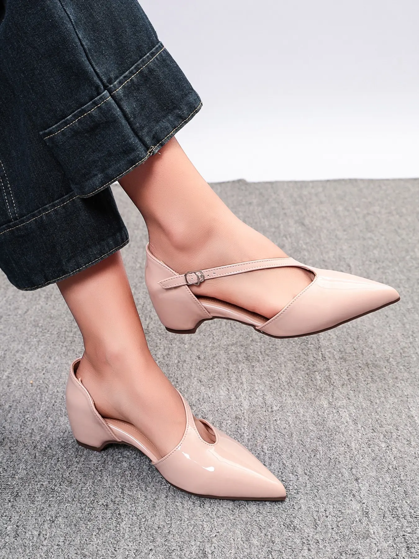 French Pointed Toe Mary Jane Classic Sandals for Women, Adjustable Buckle, Low Heel, PU Leather, Comfortable and Stylish, Office Shoes for Work and Formal Events