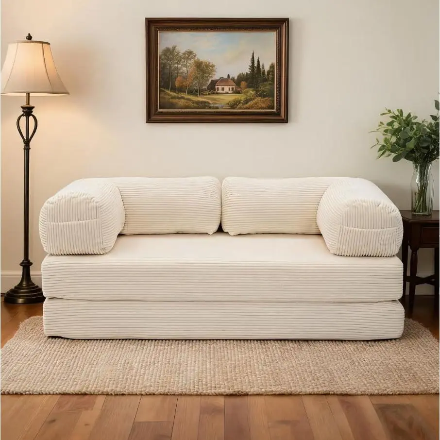 4 in 1 Convertible Corduroy Floor Sofa Bed, Double Layer Foam Futon Couch with Pillows, Space Saving Modular Lounger Sleeper Chair No Assembly for Living Room Bedroom Apartment Beige