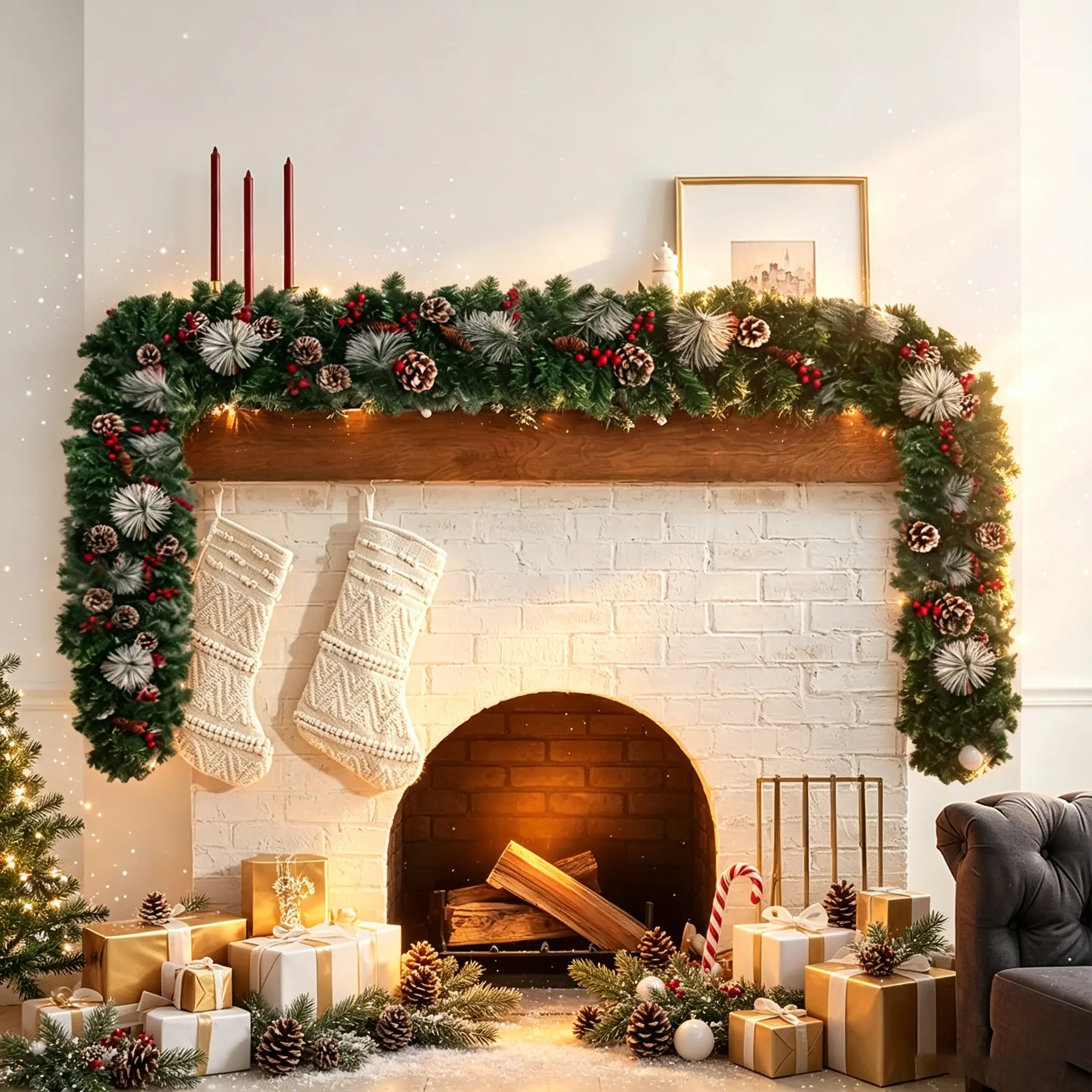 No Mess Realistic Artificial Pine Garland Bendable Wire Frame For Mantel Stair Railing Christmas Decor，Premium PE Mixed Pine Christmas Garland With Frosted Tips Pine Cones Red Berries #HolidayDecor #CozyChristmas #Christmas2026 #Homedecor #HolidayDecor