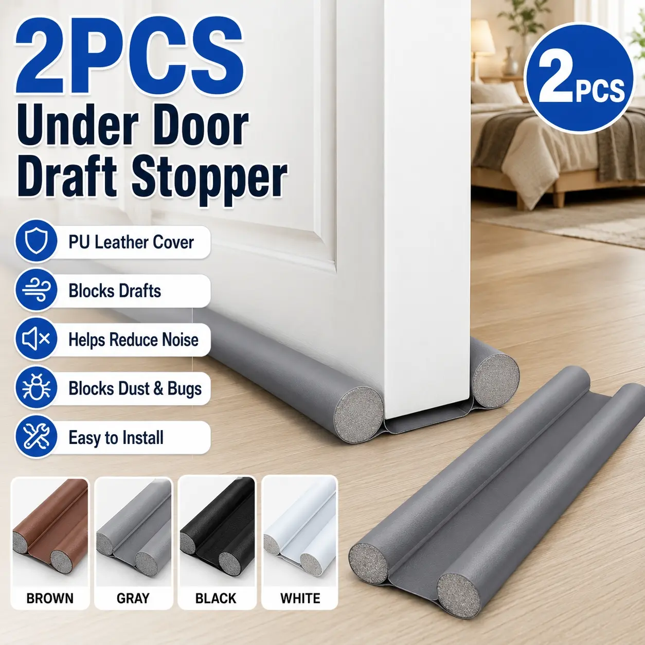 2Pcs Door Draft Stopper, Garage Door Seal Bottom, Under Door Gap Blocker Noise Reducing Windproof Dustproof Waterproof Weather Stripping, Easy Install Draft Guard Air Blocker for Home Office, Brown Door Sealer