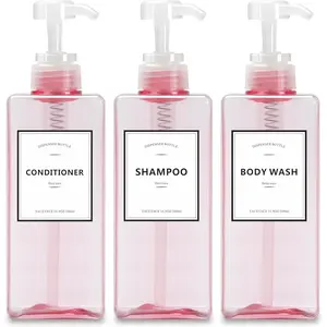 Set of 3 16.9oz Pink Clear Shampoo Bottles with Pump Dispenser for Conditioner Body Wash Shower Use