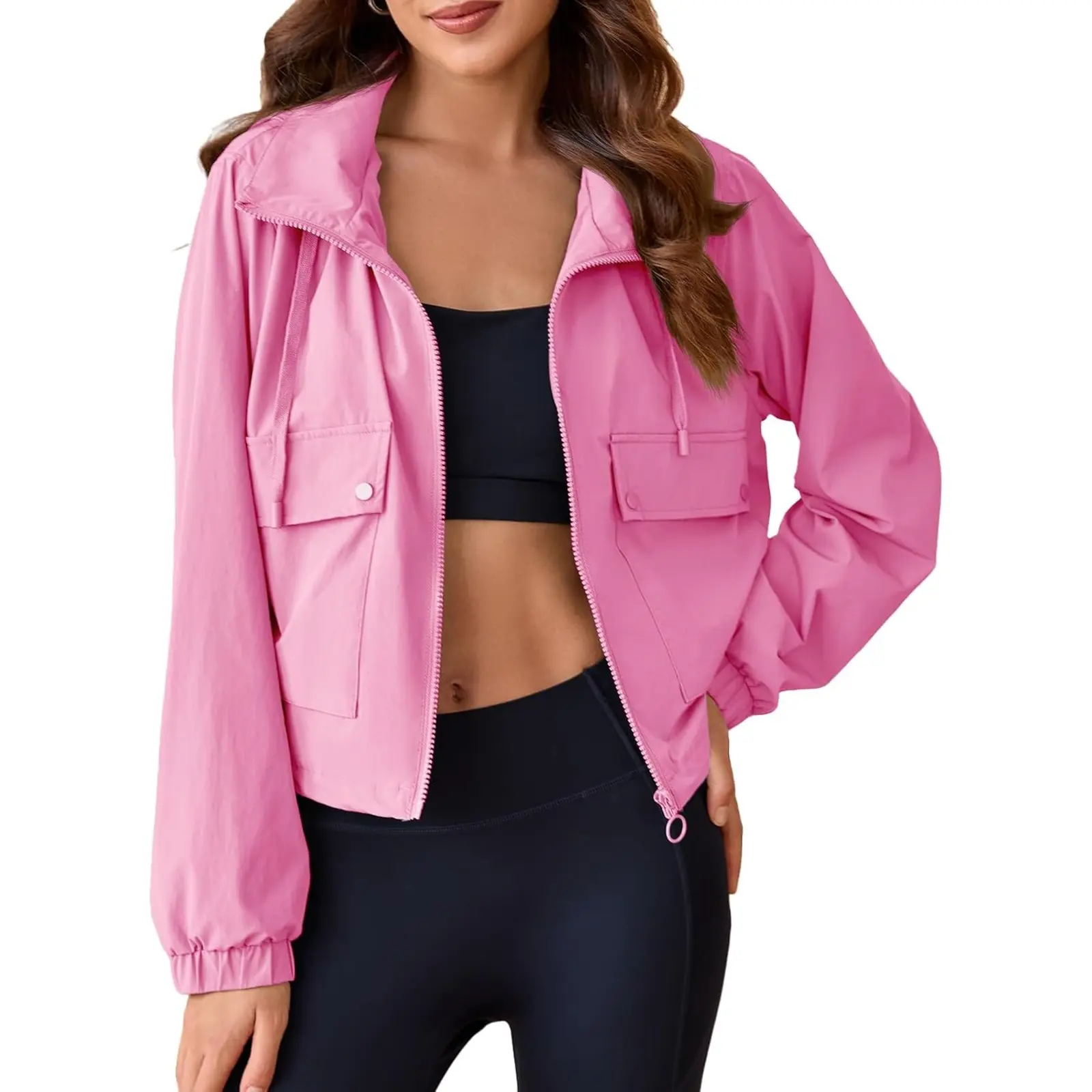 Tankaneo Women's Cropped Military-Inspired Polyester Plain Hooded Anorak Jacket, Long Sleeve, Zipper, Pocket, Machine Washable, Pockets