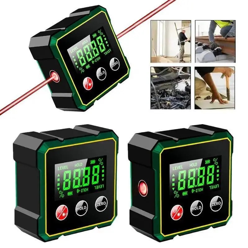 Digital Angle Finder with Electronic Laser - 4-Sided Strong Magnetic Gauge, 62×32×62mm Cube Inclinometer, Aluminum Alloy Frame, Backlit Screen, Laser Lines, Auto Data Hold, 360° Measurement, Woodworking/DIY Projects Tool for Construction Workers, Magnetic