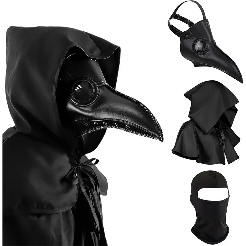 Halloween Plague Doctor Mask, Plague Doctor Costume, Scary Halloween Mask| Obito Mask for Halloween Party, Bird Mask for Men and Boys, Halloween Gifts Steampunk Cosplay (3-Pcs Set), (Black) 12 inches