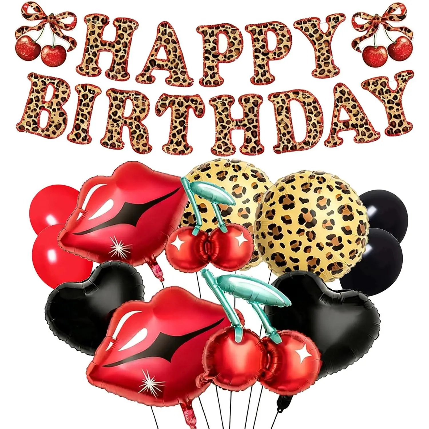 Leopard Happy Birthday Letter Banner Balloons Decoration Set - 30Pcs Black Red Foil Balloons with Cherry Print, Cheetah Pattern, Red Lips, Black Heart for Baby Shower, Wild Party (Cherry), Aluminium, Balloon Decor