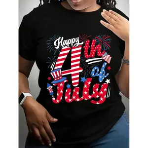 Plus Size 4th of July T-Shirt, Unisex Casual Short Sleeve Slogan Graphic Crew Neck Top, Cotton Blend Streetwear for Independence Day Outfits, Shortsleeve, Tops