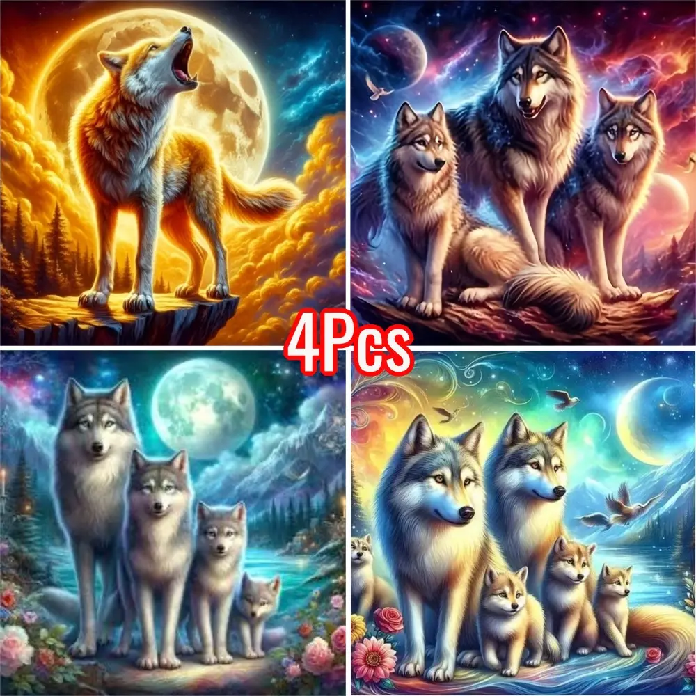 4pcs Wolf Pattern Diamond Painting Kit, Adult Art Handcraft Set, DIY 5D Diamond Art, Home Wall Decor, Beginner Friendly, Unframed