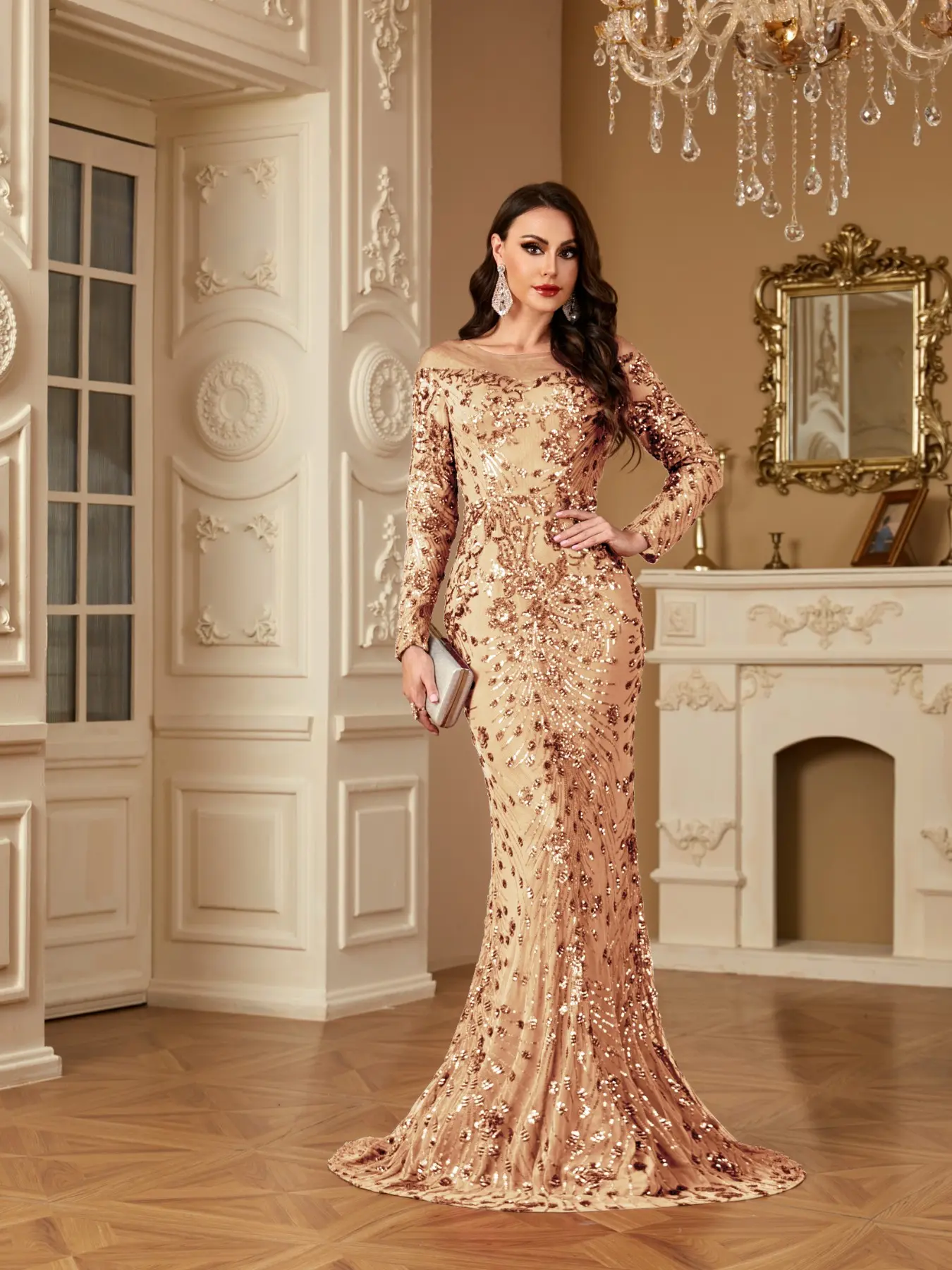 Elegant Evening Gown, Long Sleeve Bodycon Mermaid Train Dress, Formal Occasion Long Skirt, High-End Noble Party Dress