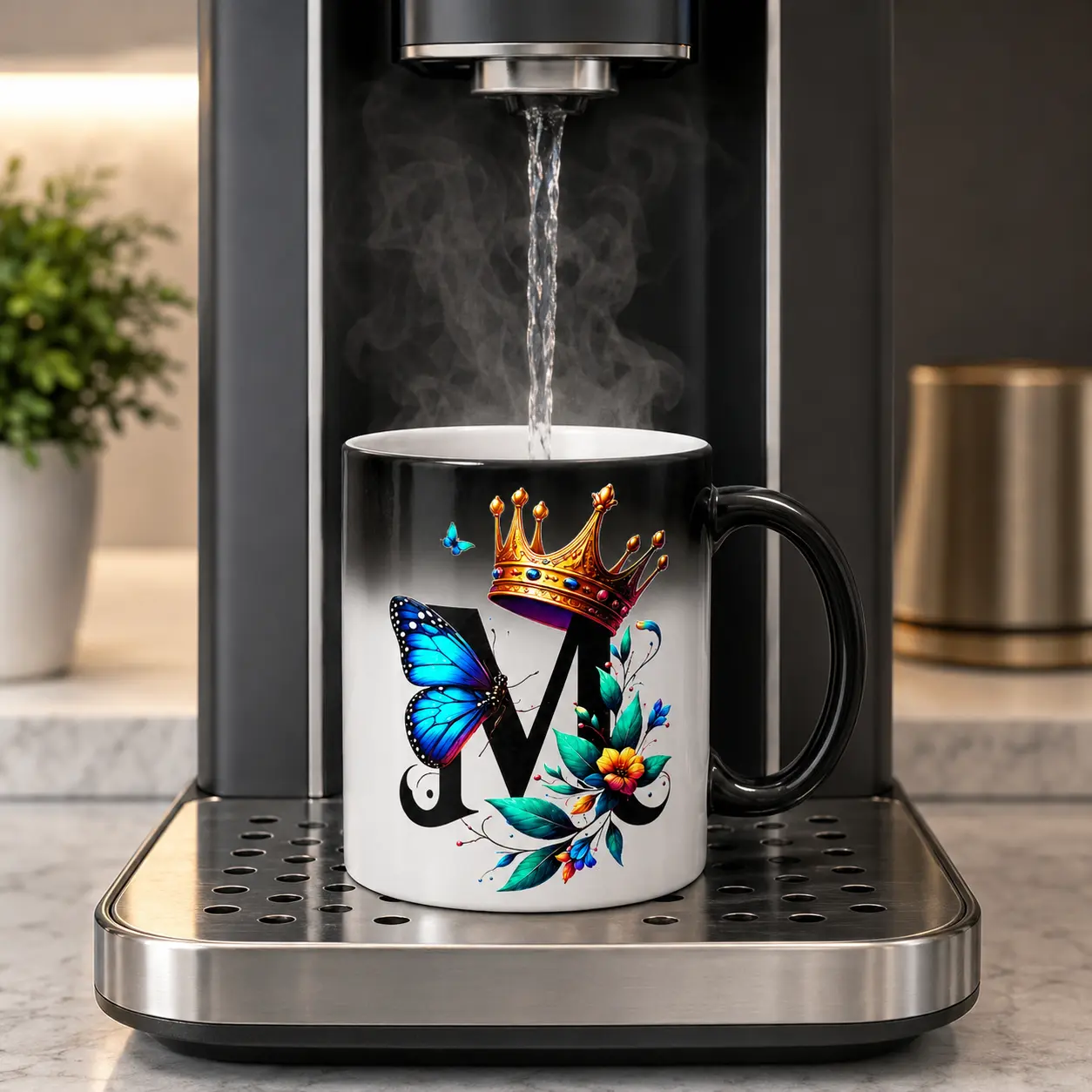 Women's 11oz Durable Thermal Ceramic Coffee Cup - Matte Black, Classic Initial Letter M Print, Butterfly Crown, Geometric Heat-Sensitive Watercolor Color-Reveal, Reusable Home Gift (Heat-Sensitive Graphic Mugs, Watercolor Mugs)