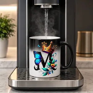Color Changing Mug 11oz Heat Sensitive Ceramic Coffee Cup Initial Letter M Butterfly Crown Floral Magic Heat Reveal Gift for Women Mom Her