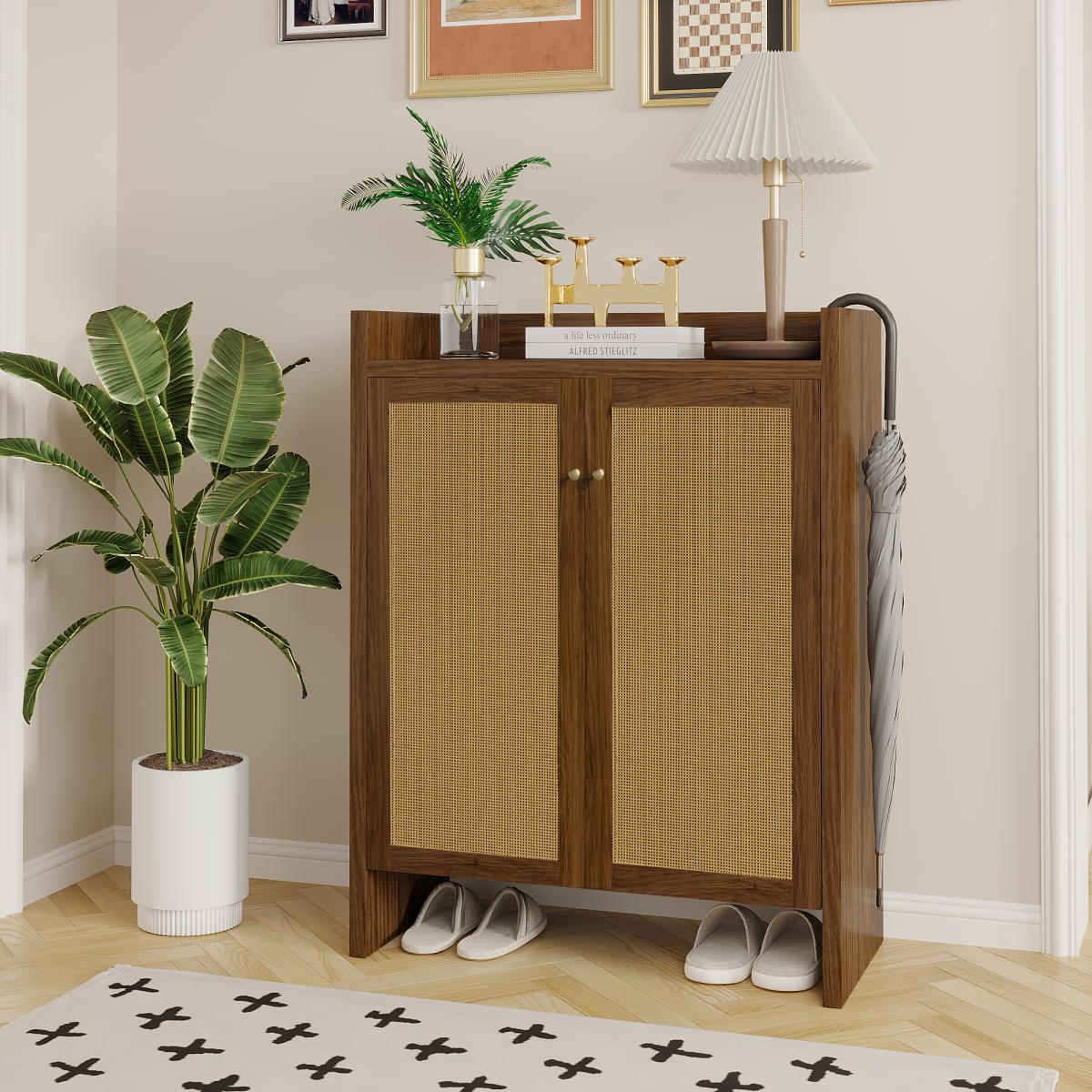 42.5" Tall Rattan Shoe Cabinet with Doors, 6-Tier Shoe Storage Cabinet with Adjustable Shelves, Wooden Freestanding Shoe Organizer Shoe Cabinet for Entryway,Hallway,Living Room (Walnut)
