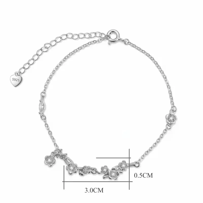 XATENJE 925 Sterling Silver Cherry Blossom Vine Charm Bracelet, Dainty Sakura Link Jewelry, Elegant Gift for Her