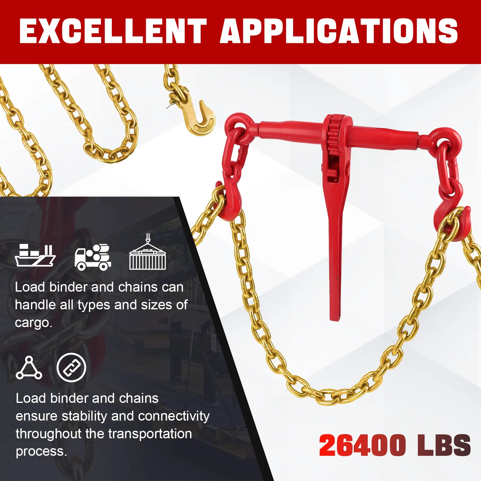 G70 Series Heavy Duty Hand Ratchet Chain Binder Kit, 2-Pack - 3/8"-1/2" & 5/16"-3/8" Load Binders, 10FT Steel Chains, 12000 lbs WLL - For Truck Binding, Industrial Use