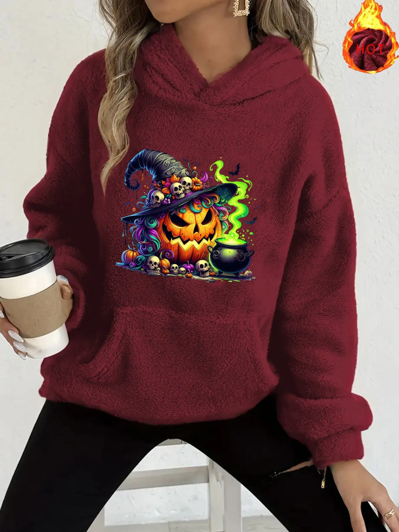 Y2K Flannel Hoodie, Neon Halloween Print, Witch Hat Pumpkin Skull Bat, Loose Fit, Warm Cozy Fall Winter Sweatshirt