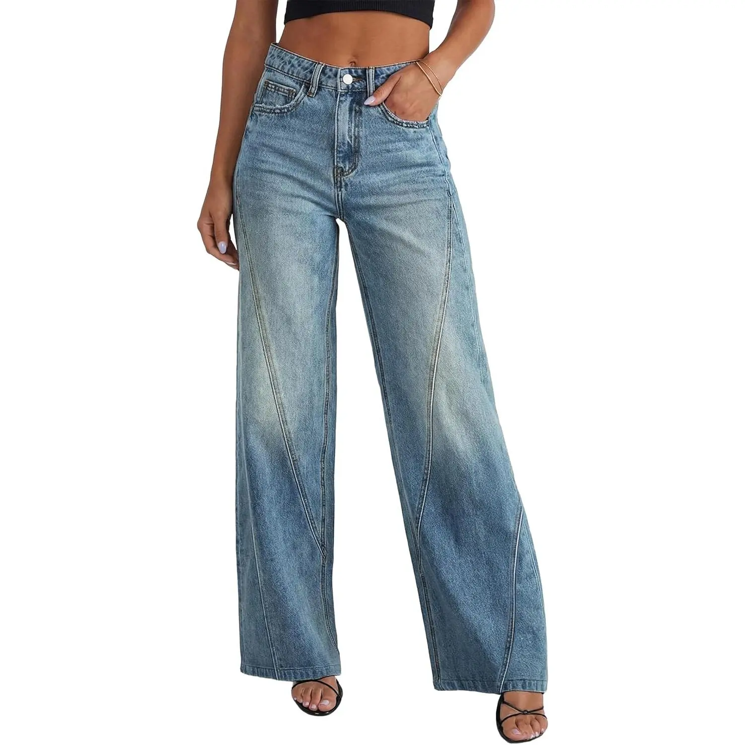 JOKELAMB Womens Wide Leg Jeans Mid High Waisted Baggy Straight Leg Stretchy Denim Pants Seamed Long Trousers
