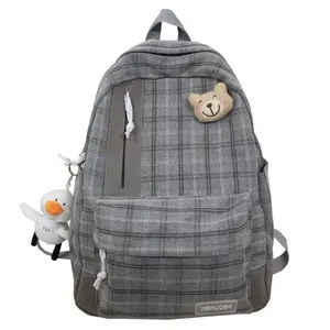 light parade backpack Lightweight Cotton Linen Checkered Backpack Large Capacity Student Bookbag Back To School Essential Kawaii Plaid Backpack