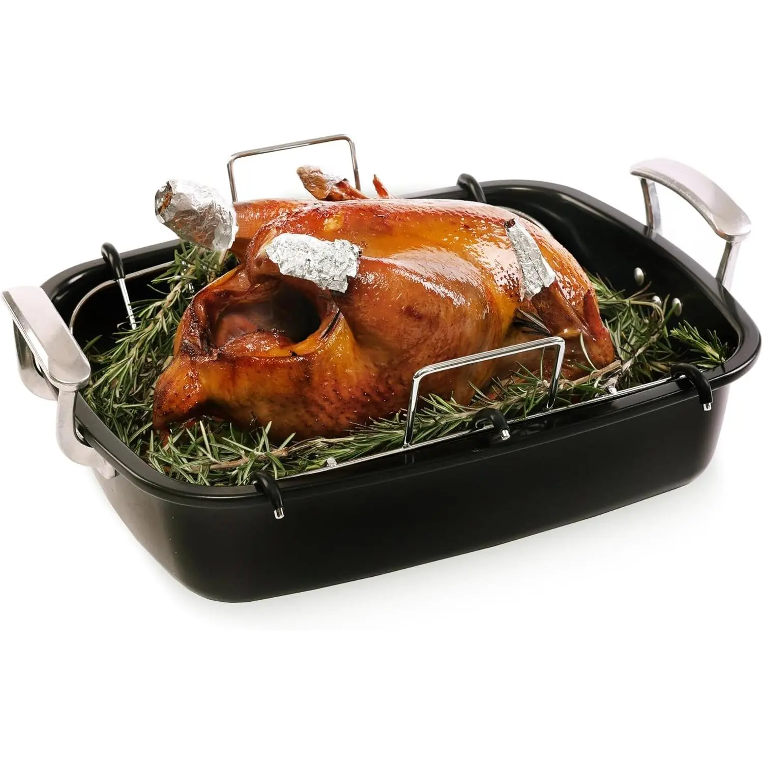 Sturdy Steel Roasting Pan with Rack, Extra Large 18.5 Inch Nonstick Roaster for 25 lb Turkey, Deep Oven Tray with Wide Handles for Thanksgiving & Holidays