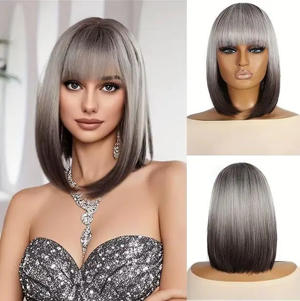 14 Inch Dark Grey Ombre Color Short Straight Bob Wig With Bangs Full Machine Made Wig Synthetic Heat-Resistant Wig Daily Wear Women Wig Natural Hair